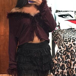 April Cornell Maroon Feather Fur Trim Cuff Collar Cardigan Sweater size XL